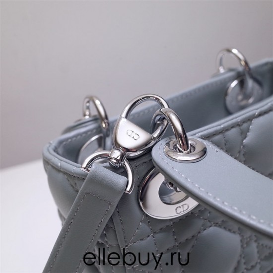 Lady Dior Mini 17cm, Three Blocks, Lambskin, Light Blue, Silver Hardware