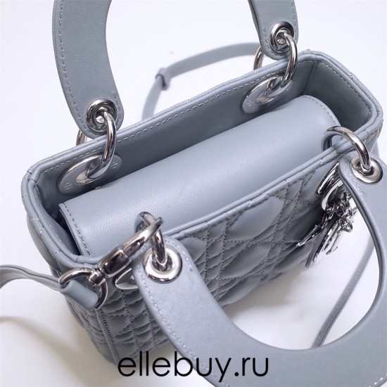 Lady Dior Mini 17cm, Three Blocks, Lambskin, Light Blue, Silver Hardware