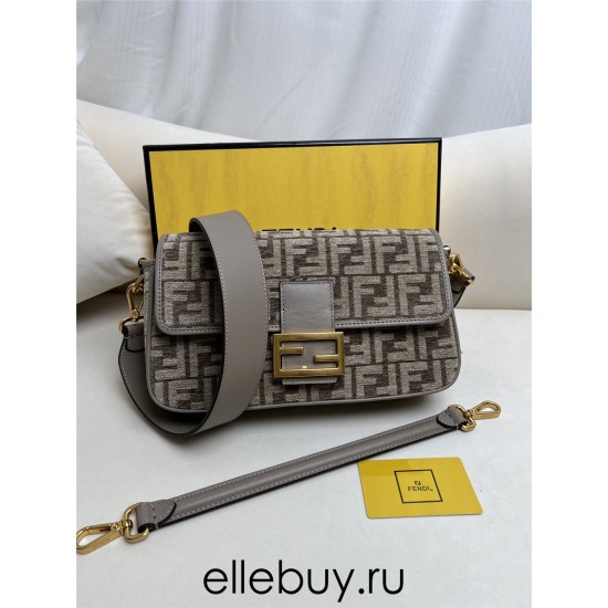 Fendi Baguette Medium 27 Gray Canvas Gold Buckle 27x15x6cm