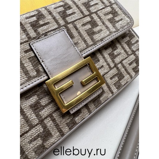 Fendi Baguette Medium 27 Gray Canvas Gold Buckle 27x15x6cm