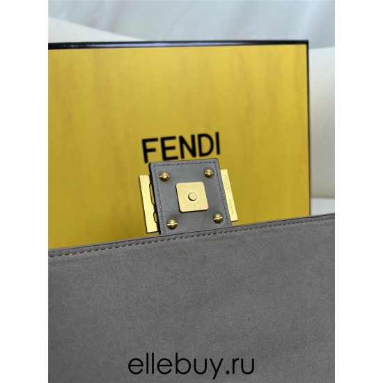 Fendi Baguette Medium 27 Gray Canvas Gold Buckle 27x15x6cm