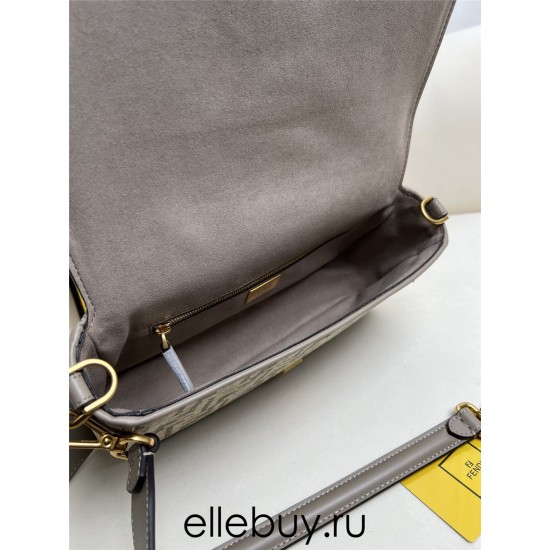 Fendi Baguette Medium 27 Gray Canvas Gold Buckle 27x15x6cm