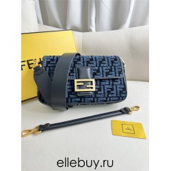 Fendi Baguette Medium 27 Blue Canvas Gold Buckle 27x15x6cm