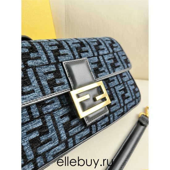 Fendi Baguette Medium 27 Blue Canvas Gold Buckle 27x15x6cm