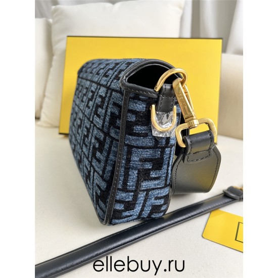 Fendi Baguette Medium 27 Blue Canvas Gold Buckle 27x15x6cm