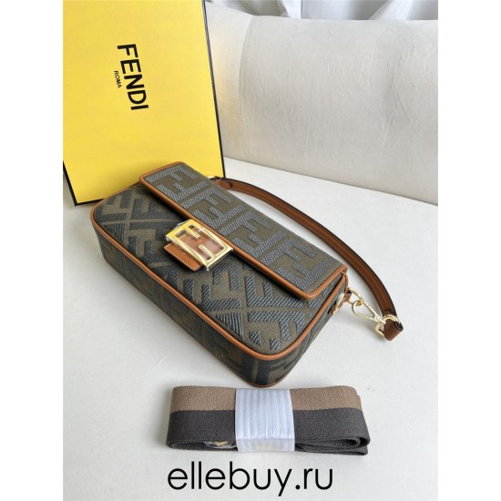 Fendi Baguette Medium 26 Brown Canvas Gold Buckle 26x13x6cm