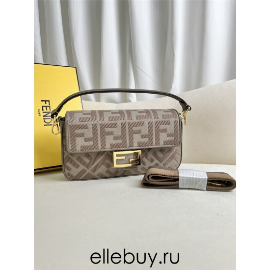 Fendi Baguette Medium 26 Gray Canvas Gold Buckle 26x13x6cm