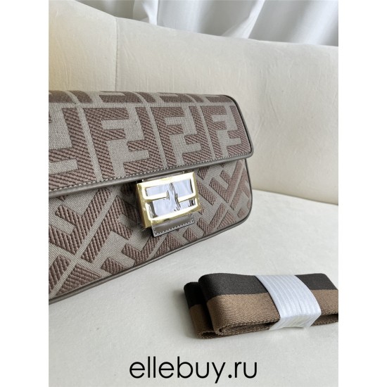 Fendi Baguette Medium 26 Gray Canvas Gold Buckle 26x13x6cm