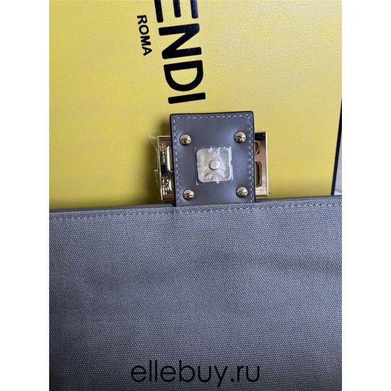 Fendi Baguette Medium 26 Gray Canvas Gold Buckle 26x13x6cm