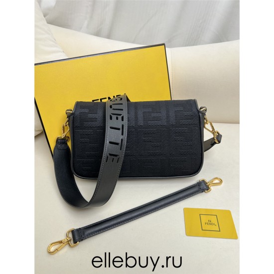 Fendi Baguette Medium 26 Black Canvas Gold Buckle 26x13x6cm