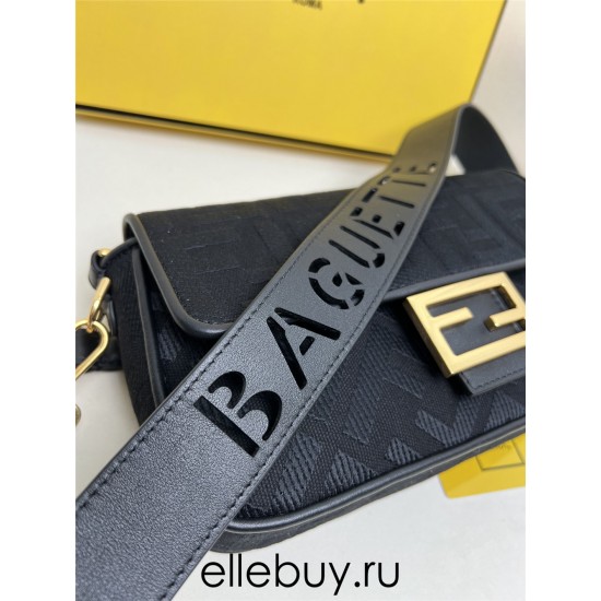 Fendi Baguette Medium 26 Black Canvas Gold Buckle 26x13x6cm