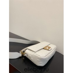 Fendi  Baguette Medium 26 White All Leather Embossed Gold Buckle 26x13x6cm