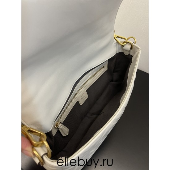 Fendi  Baguette Medium 26 White All Leather Embossed Gold Buckle 26x13x6cm