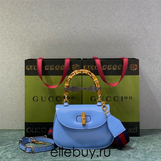 Gucci Bamboo 1947, Small 21cm, Blue, Gold Hardware, Size: 21x15x7cm, Model: 675797