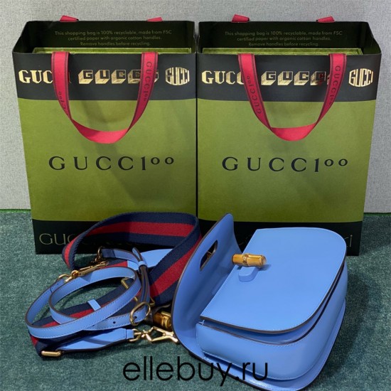 Gucci Bamboo 1947, Small 21cm, Blue, Gold Hardware, Size: 21x15x7cm, Model: 675797