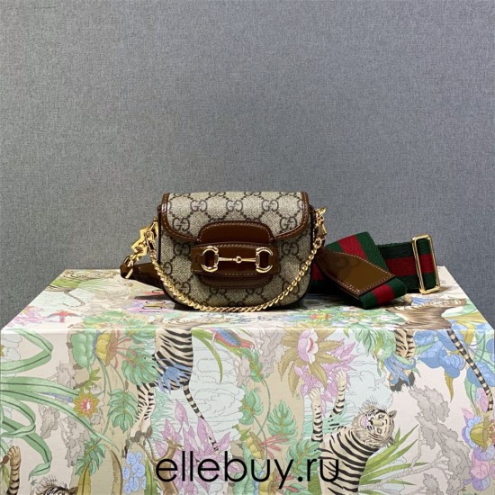 Gucci Horsebit 1955 Super Mini, 12, Monogram, Brown, Gold Hardware, Size: 12x9x4cm, Model: 699760