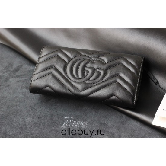 Gucci GG Marmont Wallet, Flap Closure, Long, Black, Gold Hardware, Size: 19x9x3cm, Model: 443436