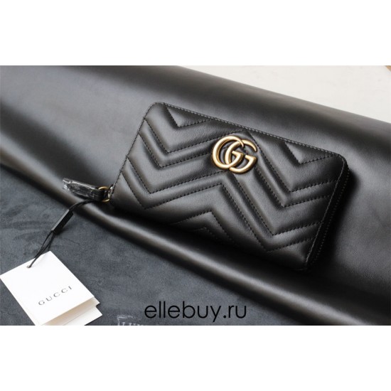 Gucci GG Marmont Wallet, Zipper Closure, Long, Black, Gold Hardware, Size: 19x9x3cm, Model: 443436