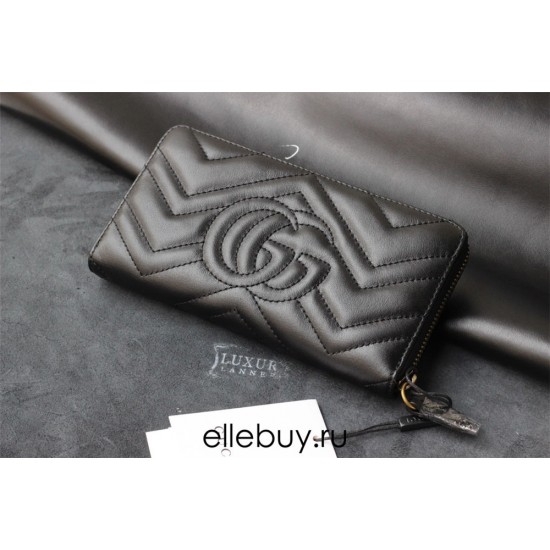 Gucci GG Marmont Wallet, Zipper Closure, Long, Black, Gold Hardware, Size: 19x9x3cm, Model: 443436