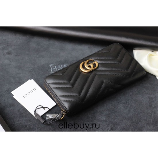 Gucci GG Marmont Wallet, Zipper Closure, Long, Black, Gold Hardware, Size: 19x9x3cm, Model: 443436