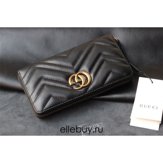 Gucci GG Marmont Wallet, Zipper Closure, Long, Black, Gold Hardware, Size: 19x9x3cm, Model: 443436