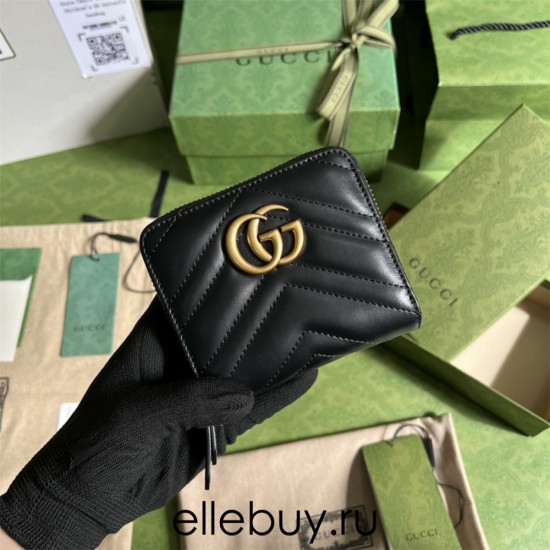 Gucci GG Marmont Wallet, Black, Gold Hardware, Full Leather, Model: 474813, Size: 11.5x10x2.5cm