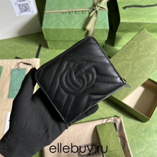 Gucci GG Marmont Wallet, Black, Gold Hardware, Full Leather, Model: 474813, Size: 11.5x10x2.5cm