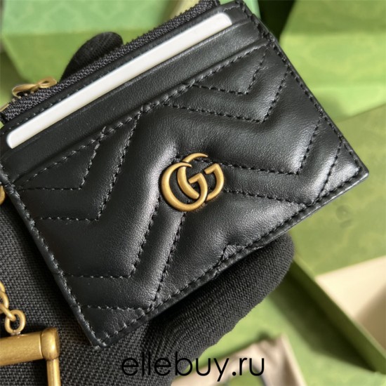 Gucci GG Marmont Card Holder, Black, Gold Hardware, Full Leather, Model: 627064, Size: 10x7.5x1cm