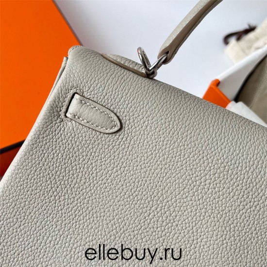 Hermes Hermès Kelly 25cm Togo Ck80 Pearl Grey Waxed Thread Silver Hardware Hand-Stitched