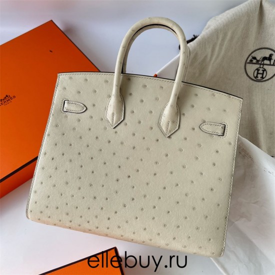 Hermes Hermès Birkin 25cm Sellier External Stitching Kk Ostrich Waxed Thread 3C Lamb White Silver Hardware Ostrich Leather Out of Stock Hand-Stitched