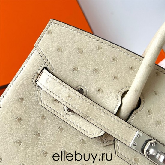 Hermes Hermès Birkin 25cm Sellier External Stitching Kk Ostrich Waxed Thread 3C Lamb White Silver Hardware Ostrich Leather Out of Stock Hand-Stitched