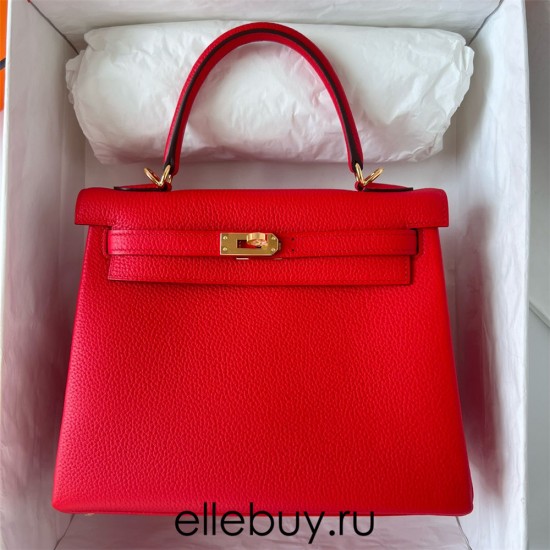 Hermes Hermès Kelly 25cm Togo S3 Heart Red Waxed Thread Gold Hardware Out of Stock Hand-Stitched