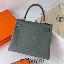 Hermes Hermès Kelly 25cm Togo CC63 Apricot Green Waxed Thread Gold Hardware Hand-Stitched