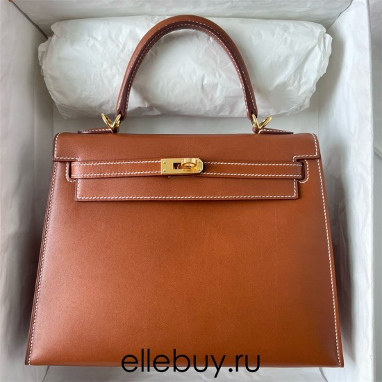 Hermes Hermès Kelly 25cm Barenia Smooth Grain Saddle Leather Waxed Thread Gold Hardware Hand-Stitched