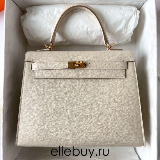 Hermes Hermès Kelly 25cm Epsom Ck10 Milk White Waxed Thread Gold Hardware Hand-Stitched