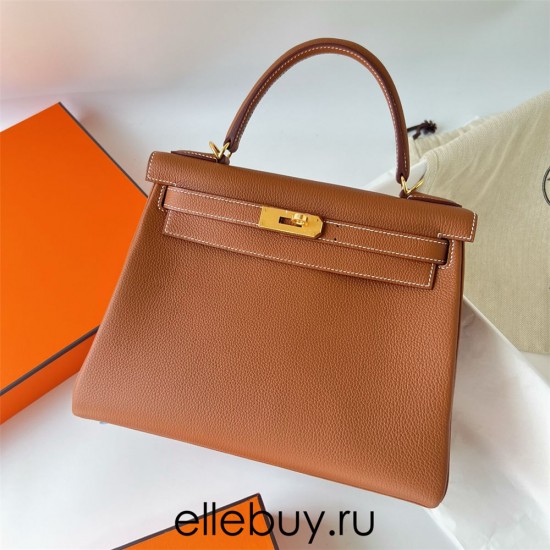 Hermes Hermès Kelly 28cm Togo Ck37 Golden Brown Waxed Thread Gold Hardware Hand-Stitched