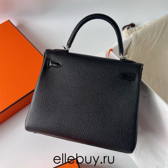 Hermes Hermès Kelly 25cm Touch Swift Imported Plain Leather Lizard Patch Black Waxed Thread Black Silver Hardware Out of Stock Hand-Stitched