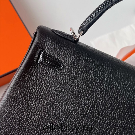 Hermes Hermès Kelly 25cm Touch Swift Imported Plain Leather Lizard Patch Black Waxed Thread Black Silver Hardware Out of Stock Hand-Stitched