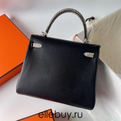 Hermes Hermès Kelly 25cm Touch Swift Imported Plain Leather Lizard Patch Black Waxed Thread Black Silver Hardware Out of Stock Hand-Stitched