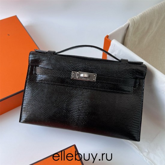 Hermes Hermès Mini Kelly 22cm Lizard Imported Lizard Leather Ck89 Black Waxed Thread Silver Hardware Out of Stock Hand-Stitched