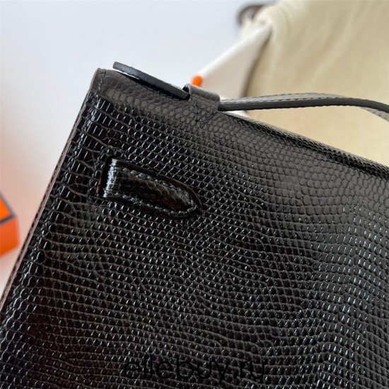 Hermes Hermès Mini Kelly 22cm Lizard Imported Lizard Leather Ck89 Black Waxed Thread Silver Hardware Out of Stock Hand-Stitched