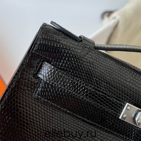 Hermes Hermès Mini Kelly 22cm Lizard Imported Lizard Leather Ck89 Black Waxed Thread Silver Hardware Out of Stock Hand-Stitched