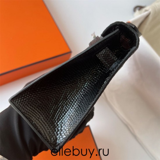 Hermes Hermès Mini Kelly 22cm Lizard Imported Lizard Leather Ck89 Black Waxed Thread Silver Hardware Out of Stock Hand-Stitched