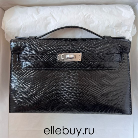 Hermes Hermès Mini Kelly 22cm Lizard Imported Lizard Leather Ck89 Black Waxed Thread Silver Hardware Out of Stock Hand-Stitched