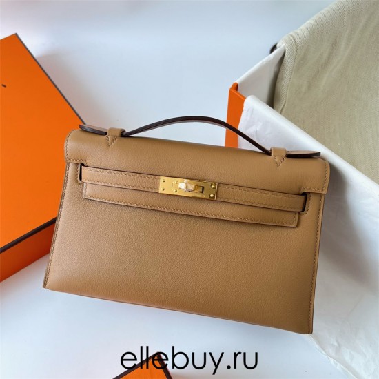 Hermes Hermès Mini Kelly 22cm Swift Imported Plain Leather 0M Milk Tea Color Waxed Thread Gold Hardware Hand-Stitched