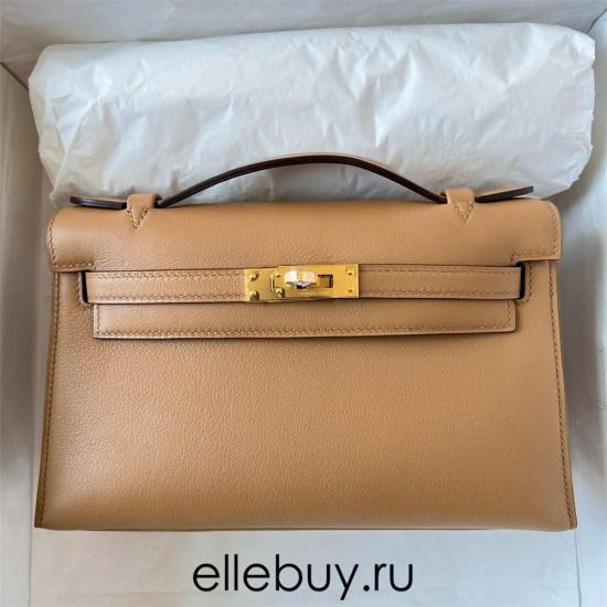 Hermes Hermès Mini Kelly 22cm Swift Imported Plain Leather 0M Milk Tea Color Waxed Thread Gold Hardware Hand-Stitched