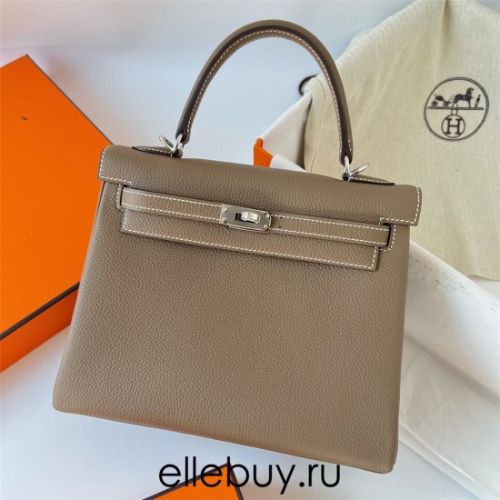 Hermes Hermès Kelly 25cm Togo Ck18 Elephant Grey Waxed Thread Silver Hardware Hand-Stitched