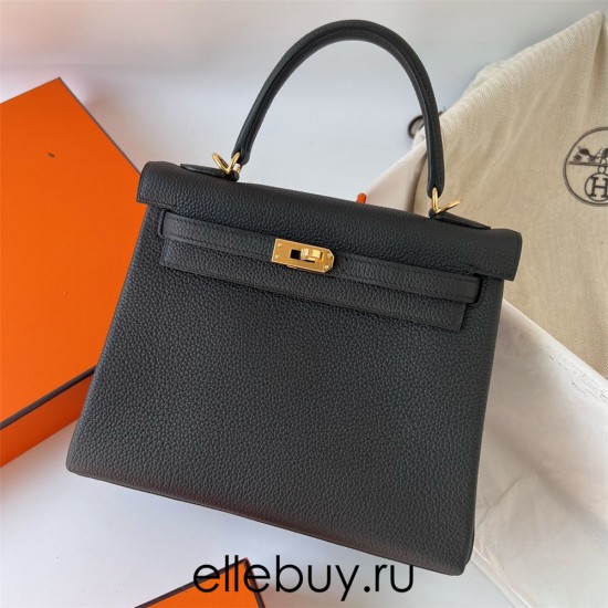 Hermes Hermès Kelly 25cm Togo Ck89 Black Waxed Thread Gold Hardware Hand-Stitched