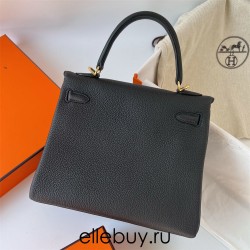 Hermes Hermès Kelly 25cm Togo Ck89 Black Waxed Thread Gold Hardware Hand-Stitched