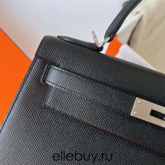 Hermes Hermès Kelly 25cm Epsom Ck89 Black Waxed Thread Silver Hardware Hand-Stitched